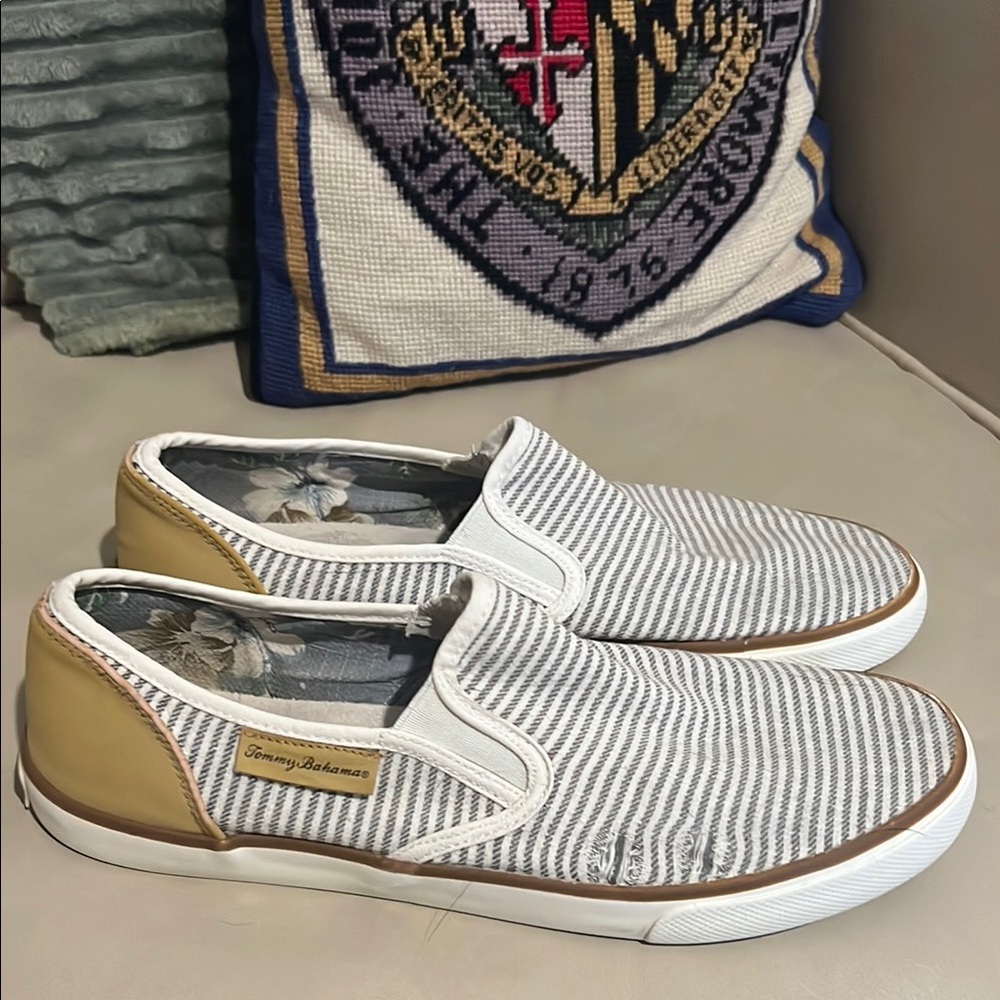 Tommy Bahama Striped Slip-On Shoes - Gray and Tan